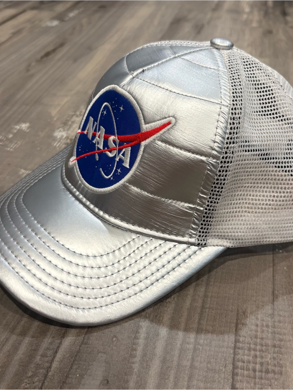 NASA Space Logo Embroidered Silver Shiny Trucker Hat Cap White Mesh SnapBack